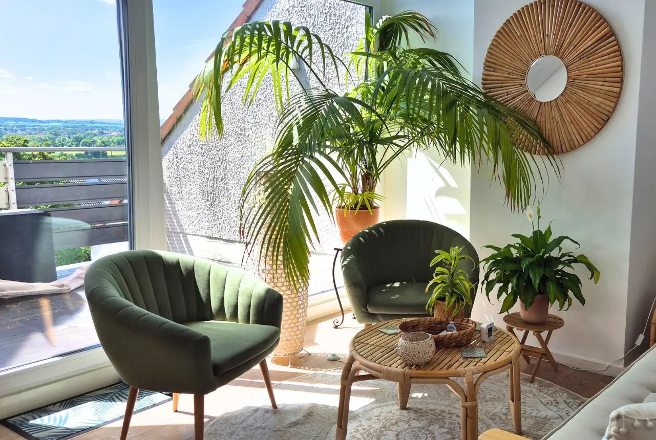 Helle Praxis für Coaching und Psychotherapie von Nadja Herber - mit Sitzecke, Pflanzen und Wandbild in entspannter Atmosphäre.